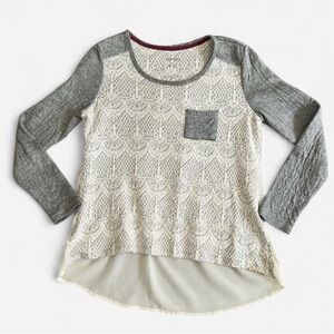 Dept 222 Lace Mixed Media High Low Top Grey White Sheer Back Petite Small PS